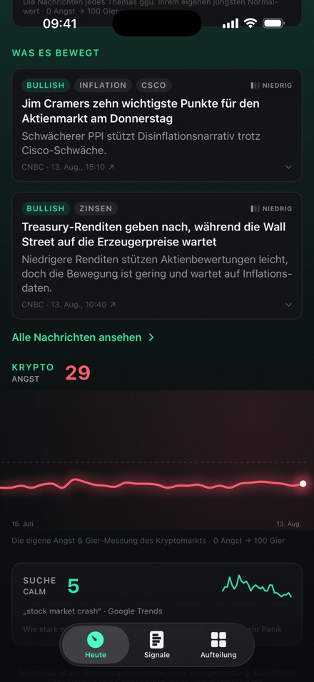 Der Schlagzeilen-Feed: Jede Meldung mit Tag „bullisch“ oder „bärisch“, Thema, Quelle und einer einzeiligen Begründung, warum sie zählt.