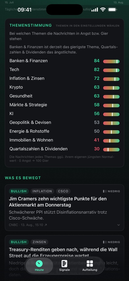 Die Themenstimmungskarte: elf Themen, gereiht von Banking & Finance mit 84 bis Earnings & Dividends mit 30.