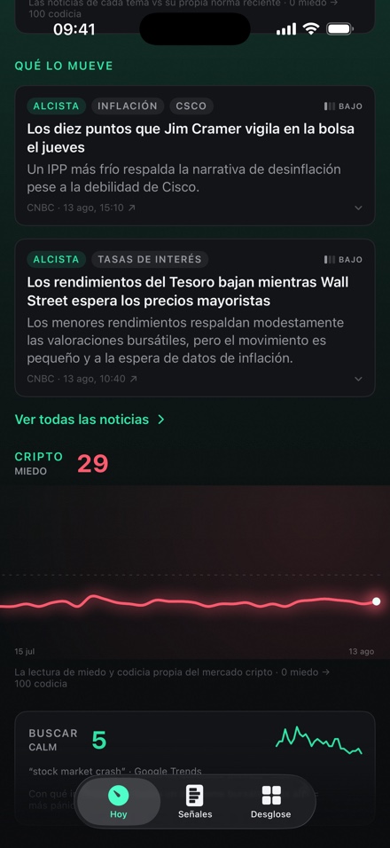 El feed de titulares: cada noticia etiquetada como alcista o bajista con su tema, fuente y una razón de una línea de por qué importa.
