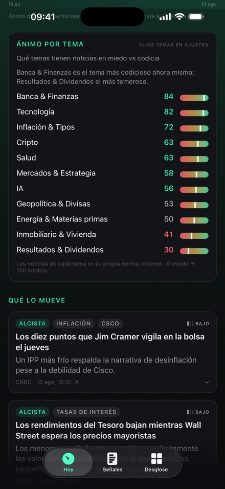 La tarjeta de estado de ánimo por tema: once temas ordenados desde Banca y Finanzas con 84 hasta Resultados y Dividendos con 30.