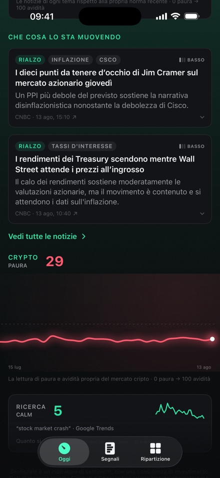 Il feed delle notizie: ogni storia etichettata come rialzista o ribassista con tema, fonte e una riga sul perché conta.