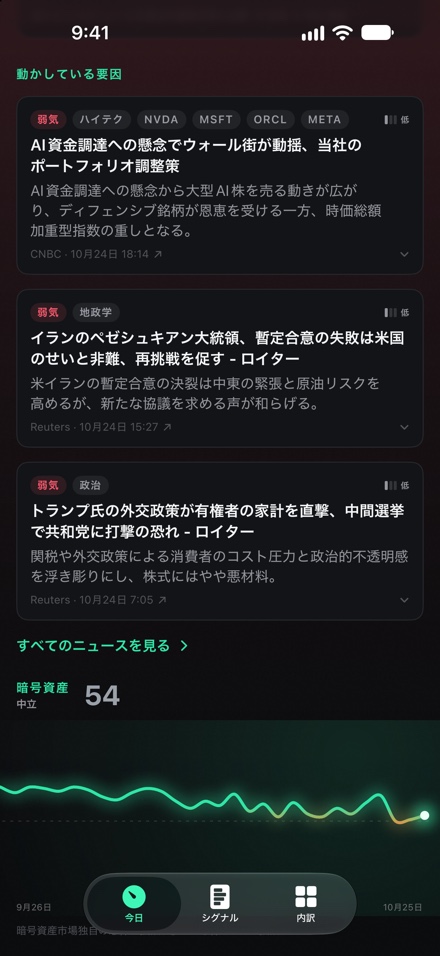 ニュースフィード:各記事に強気または弱気のタグ、テーマ、情報源、そして重要な理由を一行で表示します。
