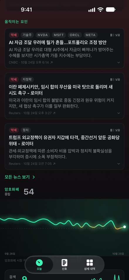 헤드라인 피드: 각 기사에 강세 또는 약세, 테마, 출처, 그리고 왜 중요한지 한 줄 설명이 붙어 있습니다.