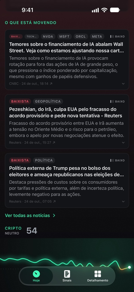 O feed de manchetes: cada notícia marcada como otimista ou pessimista, com seu tema, sua fonte e uma linha explicando por que importa.